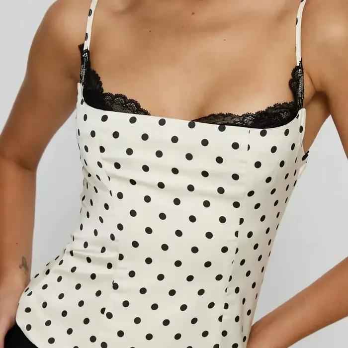 Dámske body s bodkami a čipkou Sexy odhalený chrbát bez rukávov tenké priliehavé tielko Vintage Y2k Streewear