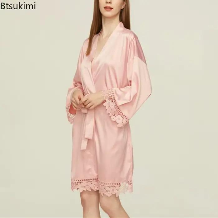 Peignoirs pour femmes, pyjama, couleur unie, dentelle, robes de mariée, demoiselles d'honneur, robes Kimono, amples, en Satin de soie, vêtements de maison