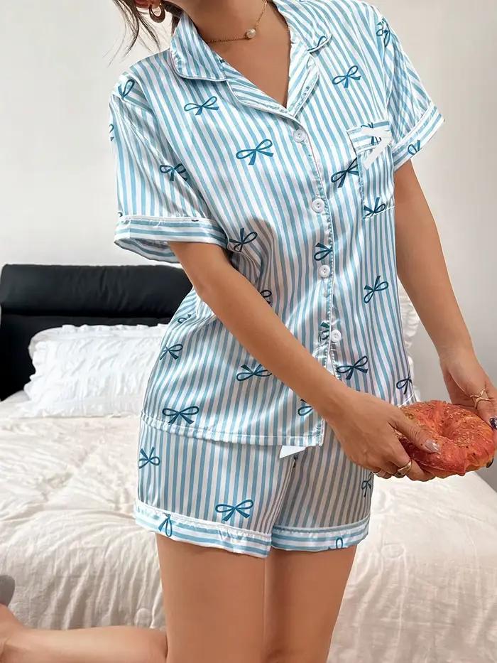 Pyjama pour femmes, ensemble de pyjama en fausse soie rayée avec nœud papillon, manches courtes, shorts, vêtements de nuit pour femmes, ensembles de pyjama