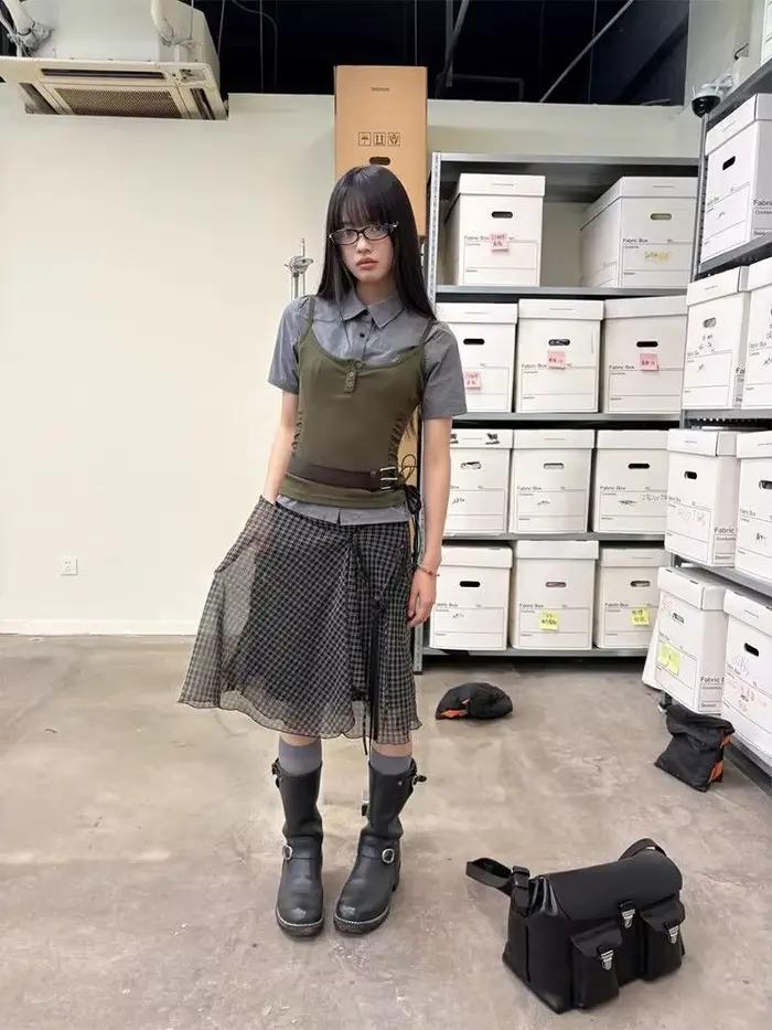 Deeptown Vintage Plaid sieťovaná sukňa pre ženy japonská asymetrická midi