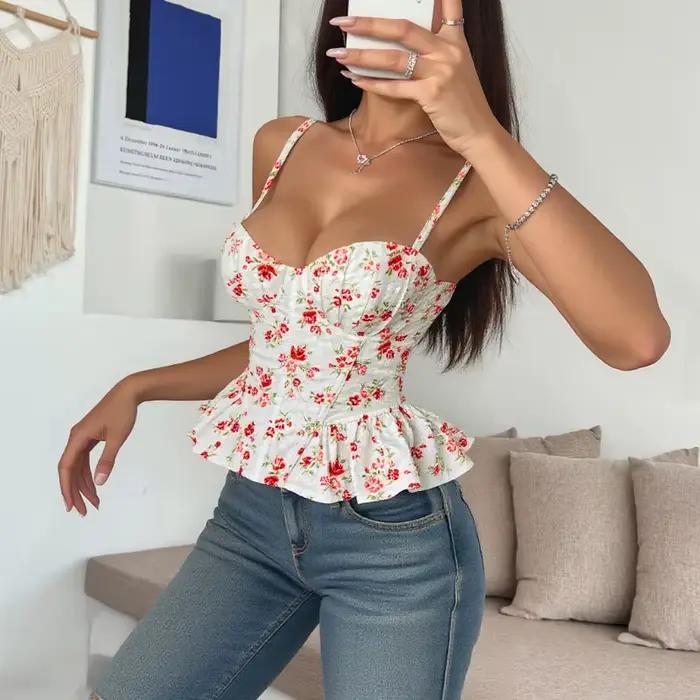 Débardeur corset français imprimé pour femme, à bretelles, coupe irrégulière, style streetwear, sexy, dos nu, à lacets, avec baleines, moulant