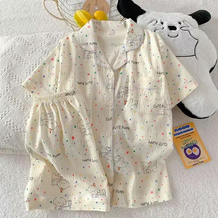 Pyjama d'été pour femme, style fin avec pois et motif chiot, short à manches courtes, doux et mignon, peut être porté à l'extérieur en été, ensemble deux pièces pour la maison