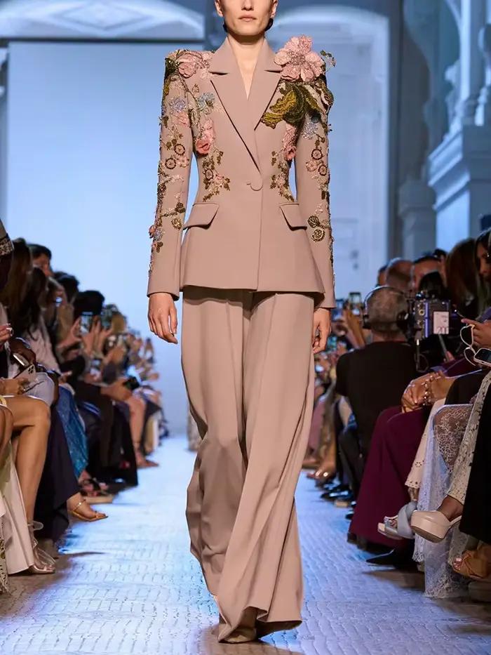 Ensemble de soirée O'ZACKET avec perles et motifs floraux pour femmes, haut de gamme, élégant et sophistiqué, parfait pour les soirées officielles