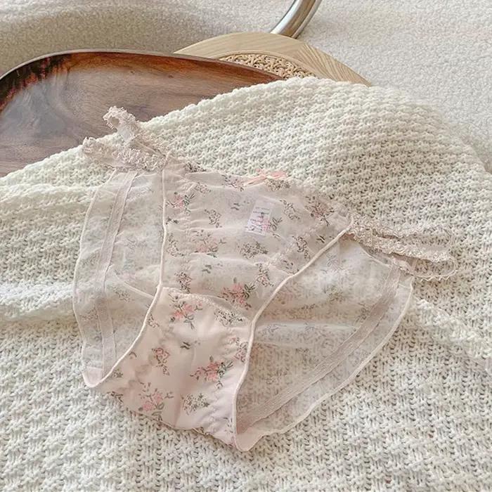 Culotte femme taille basse dentelle culotte à bretelles ceinture croisée Hipsters maille transparente motif Floral avec nœud papillon doux