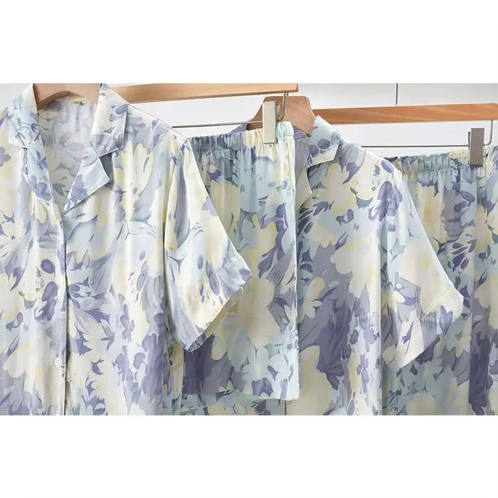 Femmes deux pièces printemps été pyjamas costumes fleur imprimé à manches longues Pijama matériel confortable Satin hauts avec pantalon pyjamas