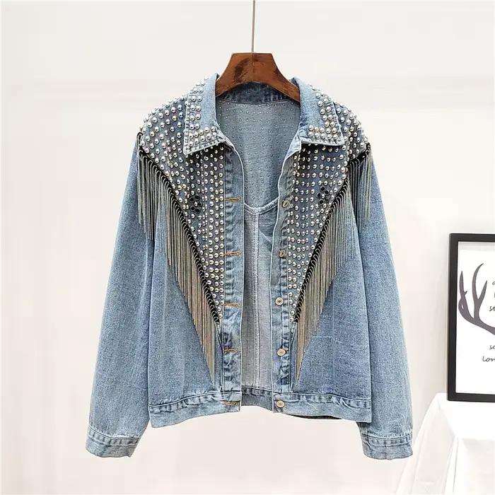 TEELYNN Boho čierna Denim bunda pre ženy kabát s dlhým rukávom jeseň voľný strapce Jean bundy 2025 perly nity