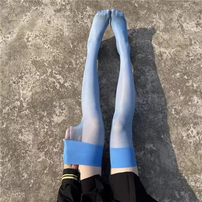 Bas bleus Sexy pour femmes, bonneterie érotique légèrement brillante, bonneterie soyeuse, Tube large au-dessus du genou, chaussettes longues transparentes, bas hauts de cuisse