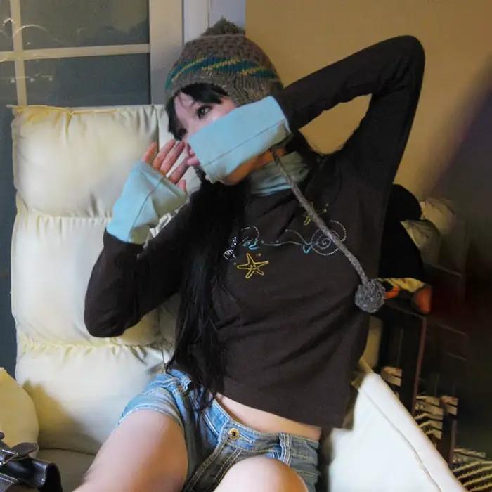 Japonské Y2k rolák Tričko Grunge estetika Patchwork topy Vintage diamantová potlač s dlhým rukávom