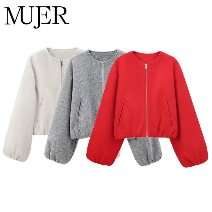 MUJER červená zipsová bomber bunda pre ženy mäkká skrátená