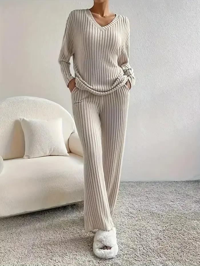 Ensemble pyjama 2 pièces pour femmes, vêtements de nuit, col en v, hauts et pantalons en tricot côtelé, vêtements de maison décontractés, automne et hiver