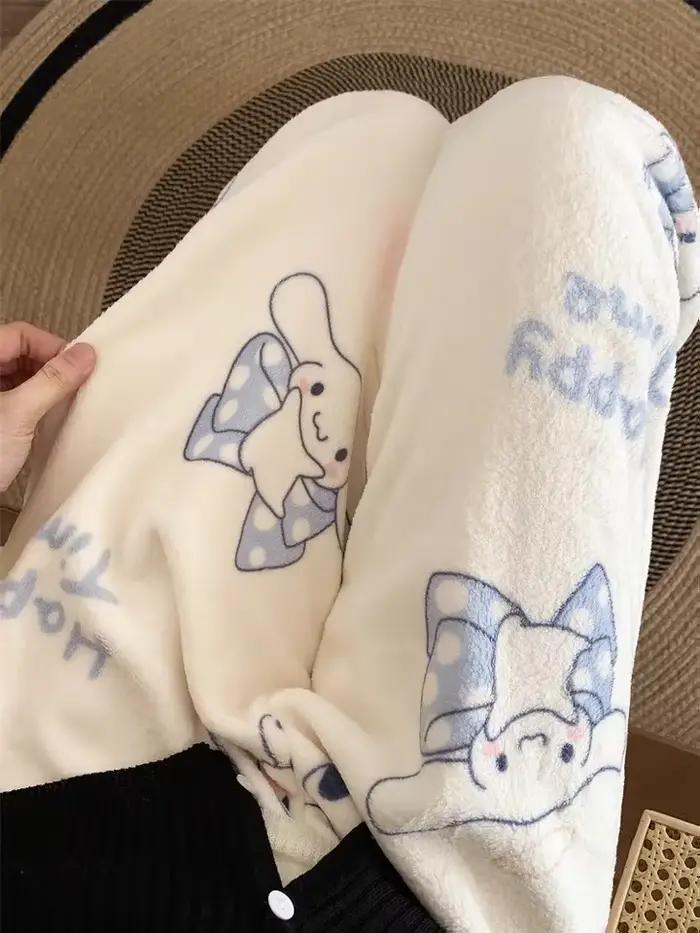 Pantalon de pyjama en flanelle Sanrio Cinnamoroll pour femme, motif dessin animé, automne et hiver, en velours corail, décontracté, pour la maison et le sommeil