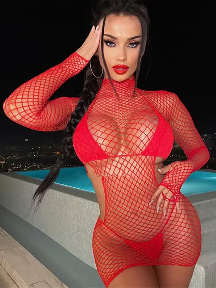 Lingerie moulante en résille pour femmes, vêtements de nuit pour femmes, robe creuse, voir à travers la batterie, sac de hanche, vêtements de nuit pour femmes, mode sexy, 7.0