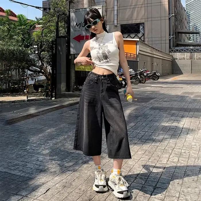 Jeans baggy vintage décontractés pour femmes, style américain, années 2000, couleurs rétro, confort moderne, idéal pour sorties et jours décontractés