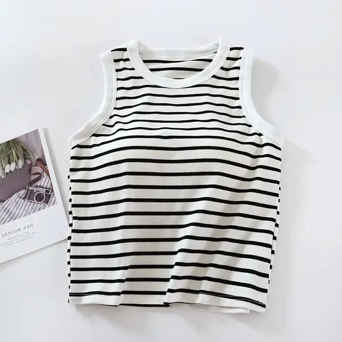 Une pièce pyjamas hauts pour femmes nouvelle mode rayé sans manches vêtements de nuit pour enfants chemise mince coton coussin de poitrine sommeil T-Shirts