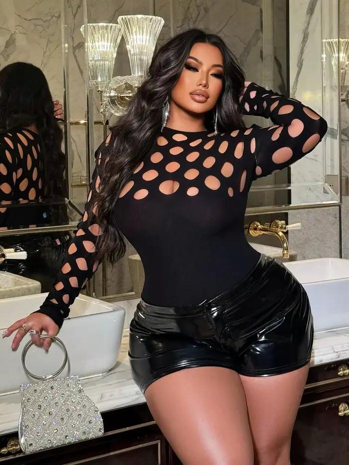Combinaison sexy pour femme, grande taille, en résille, moulante, couleur unie, manches longues, tendance