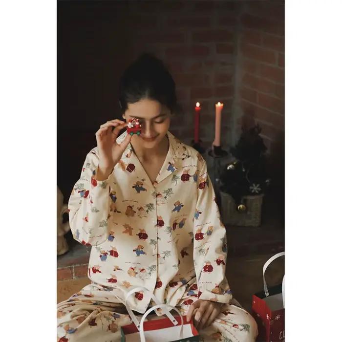 Ensemble pyjama confortable imprimé ours pour femmes, pyjama de noël en coton doux, mignon, vêtements de nuit de vacances, manches longues, vêtements de détente, cadeau pour petite amie