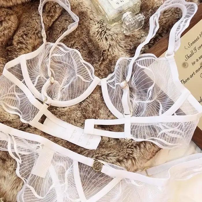 Soutien-Gorge Dentelle Brodée Fleurs Françaises Désir Pur Sans Armatures Confort Ultra Fin Soutien Léger Taille S-XL MOYISU B
