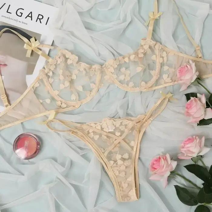 Ensemble de soutien-gorge en dentelle brodée de cœur pour femmes, 2 pièces, soutien-gorge transparent, culotte, lingerie, sous-vêtements sexy pour dames, 2023