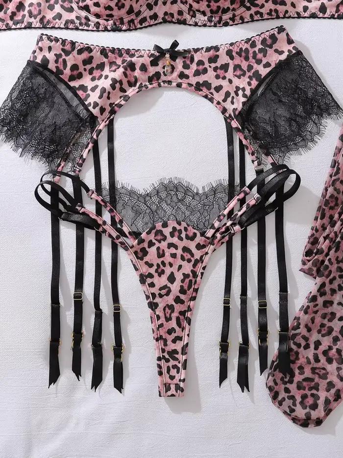 Ensemble de lingerie léopard Belamimi avec jarretelles et soutien-gorge, lingerie sexy en dentelle pour femme, tenue exotique sans censure