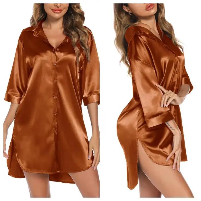 Vêtements de nuit en satin de soie couleur unie, style décontracté, en soie glacée, à manches courtes, minimalistes, respirants, confortables pour la maison et les loisirs.