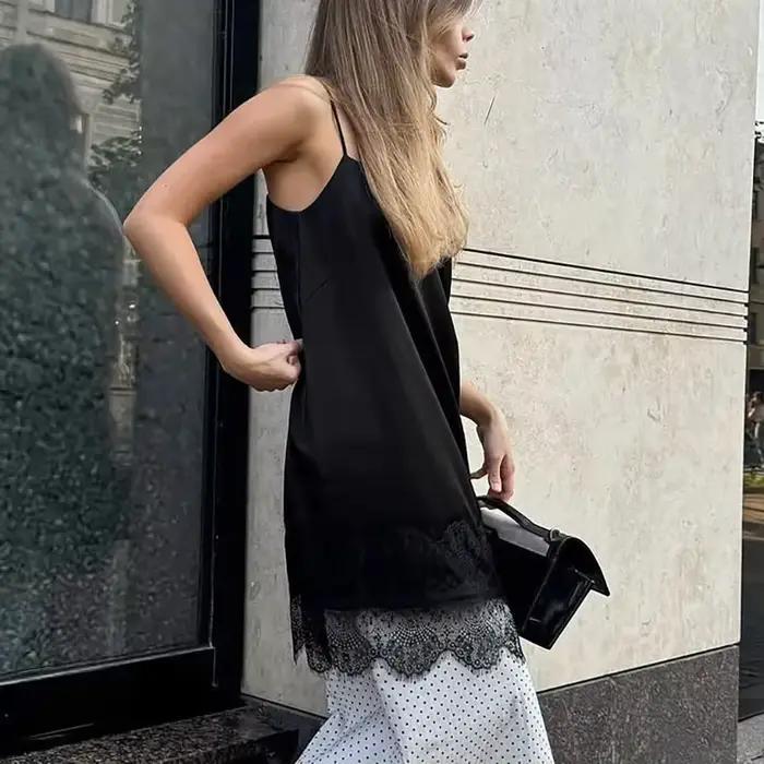 Robe à bretelles en dentelle noire pour femmes, sans manches, superposée, vêtements de nuit élégants, habillés, décontractés, pour l'automne et l'hiver