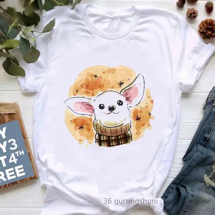 Biele tričko pre ženy s potlačou, Chihuahua, Harajuku, Kawaii
