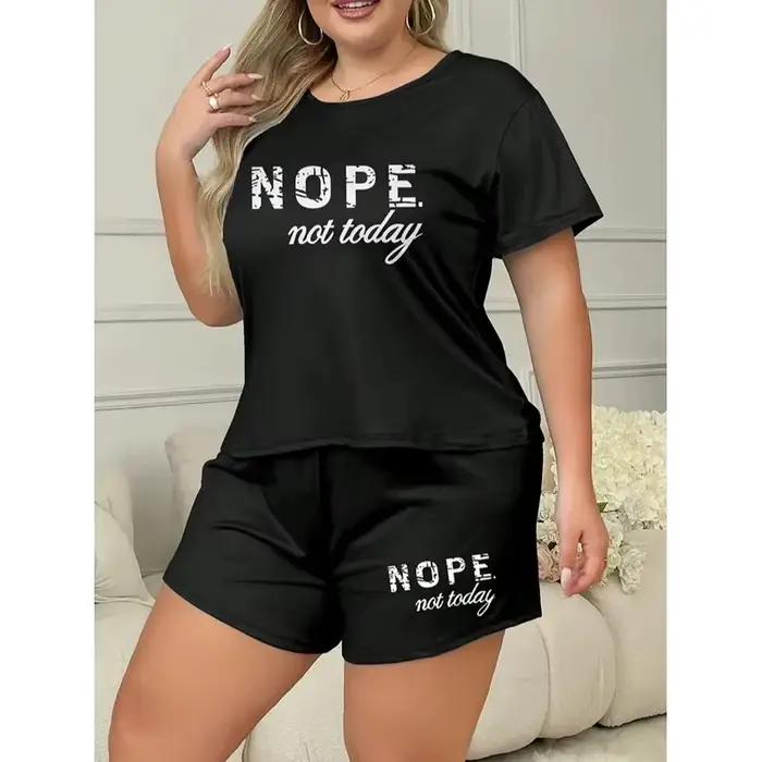 Ensemble pyjama imprimé lettres, t-shirt à manches courtes et short élastique, grande taille, tenue décontractée pour femmes, vêtements de sport, vêtements de détente, vêtements de maison