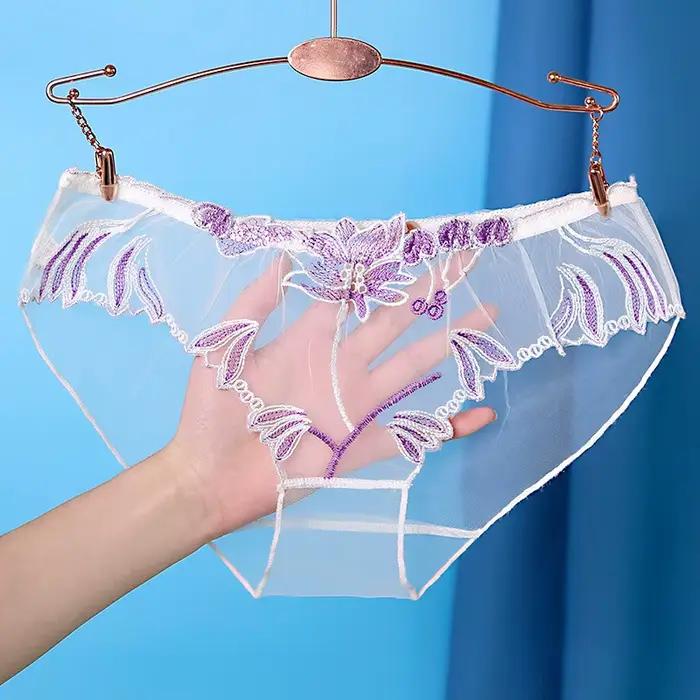 Sexy dentelle culottes slips maille creuse fleur broderie taille basse Transparent femme Lingerie Ultra-mince femmes sous-vêtements sans couture