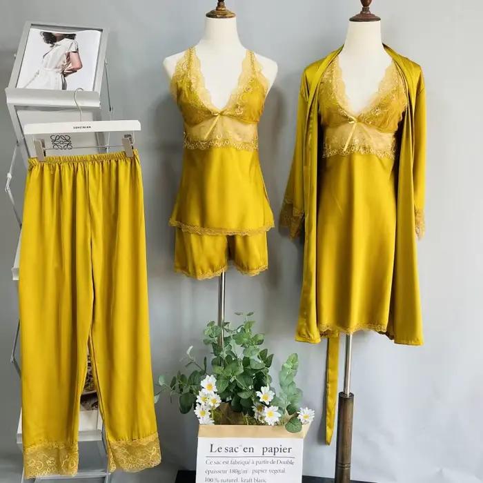 Ensemble de vêtements de nuit en satin blanc, robe de mariée, chemise de nuit sexy, kimono en dentelle, peignoir, vêtements de nuit, robe de maison, vêtements de salon, 5 pièces