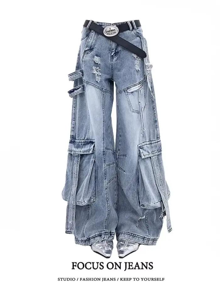 Čierne džínsy pre ženy Y2K 90s Vintage americký štýl s vysokým pásom rovné nohavice Streetwear ležérne voľné široké