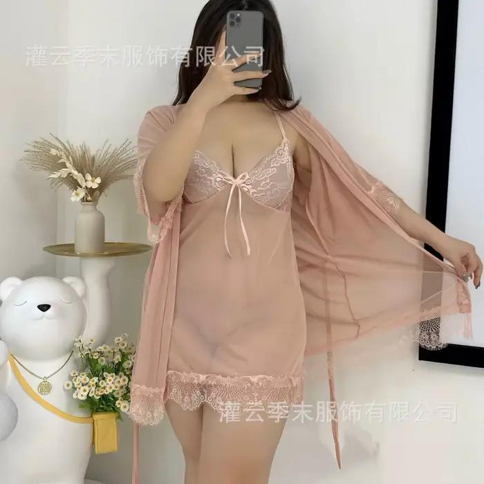 Ensemble de lingerie sexy en maille pour femmes rondes, nuisette grande taille avec robe assortie, tenue de nuit érotique pour chambre à coucher, lune de miel, rendez-vous galant