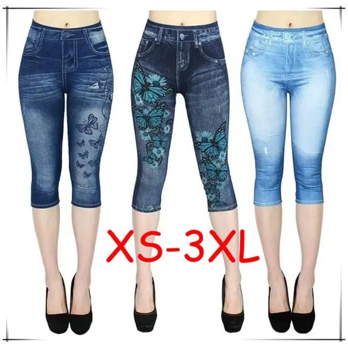Dámske tlačené imitácia džínsy Legíny štíhle elastické capri outdoorové joggingové nohavice na chôdzu móda vysoký pás