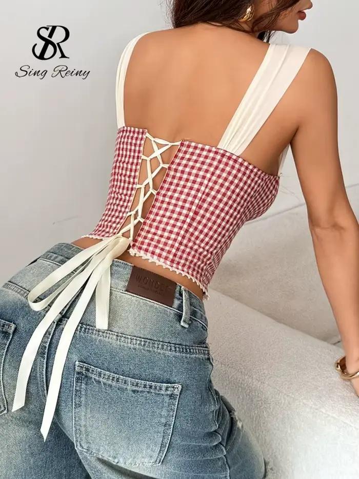 SINGREINY Gingham Plaid Vintage Lingerie Camisole Summer Sleeveless Lace Up Slim Crop Top Bohemian Vacation Print Corset Top
