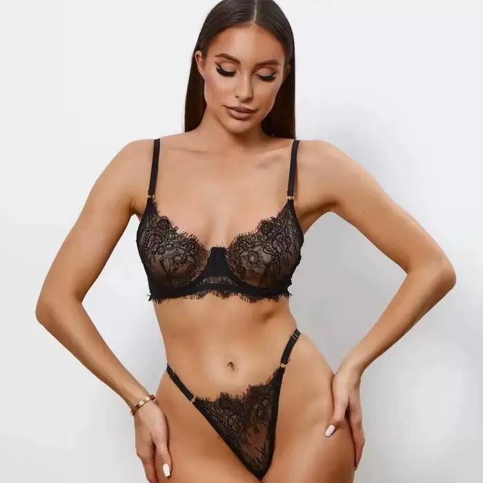 Ensemble de lingerie en dentelle transparente, soutien-gorge sexy et culotte string en dentelle florale française non doublée pour soirée romantique, lune de miel, noir, rouge vin