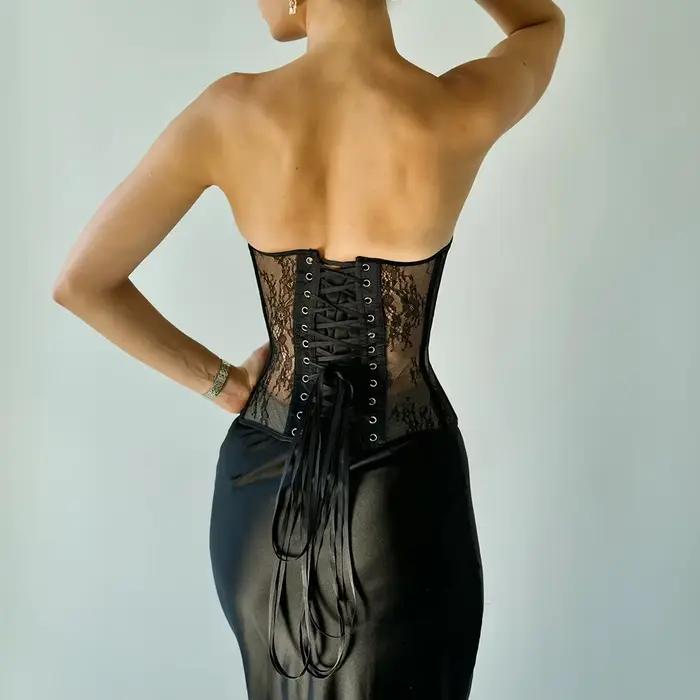 Steel Bone Korset femme évider bretelles dentelle haut bustier Push Up soutien-gorge maille femmes Lingerie noir blanc Biege Corset