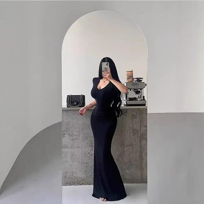 Kardashian Sexy manches courtes col en v minceur robe sirène longueur au sol portefeuille robe moulante femmes robe longue noire