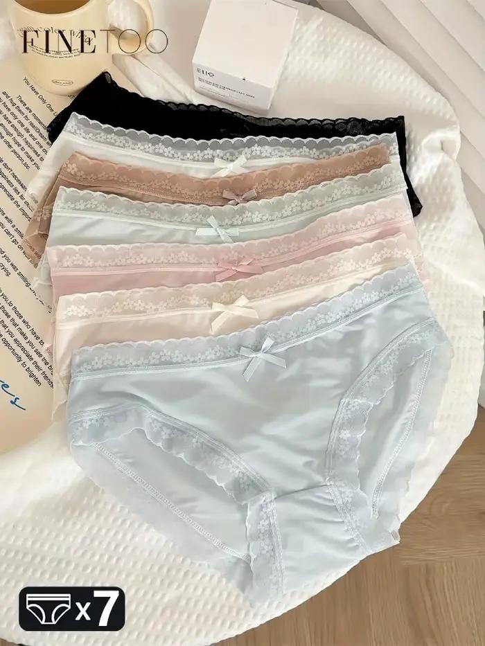 FINETOO 7 pièces femmes été Ultra-mince culottes Sexy sous-vêtements sans couture taille basse respirant slips filles dentelle garniture nœud Lingerie