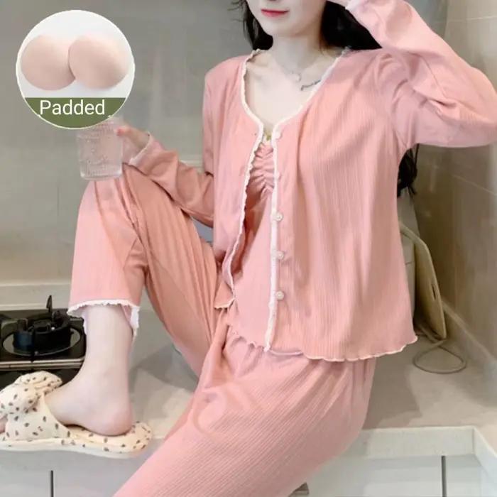 Pyjama à manches longues pour femme, ensemble trois pièces avec coussin, pantalon à bretelles, doux, vêtements de maison, printemps et automne