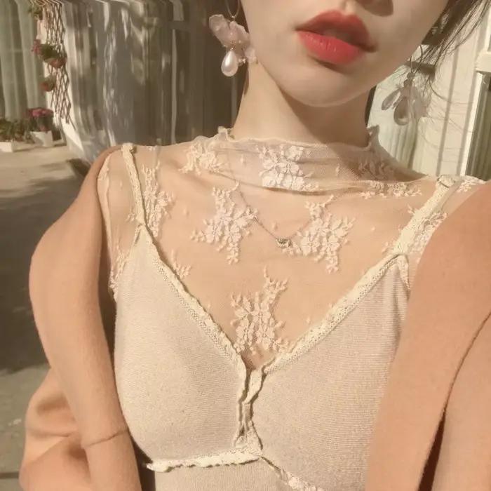 T-Shirts en maille pour femmes, chemisier en dentelle transparente, manches longues, hauts transparents pour femmes, chemise à bascule, T-Shirts transparents, haut court