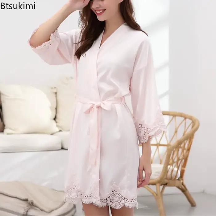 Peignoirs pour femmes, pyjama, couleur unie, dentelle, robes de mariée, demoiselles d'honneur, robes Kimono, amples, en Satin de soie, vêtements de maison