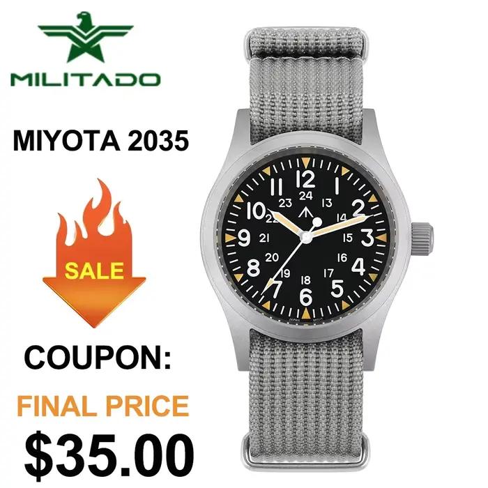 Militado ML05 38mm vojenské hodinky mis5 2035 pohyb klenutý zafírový kryštál C3 zelené svetlo 10Bar vodeodolné