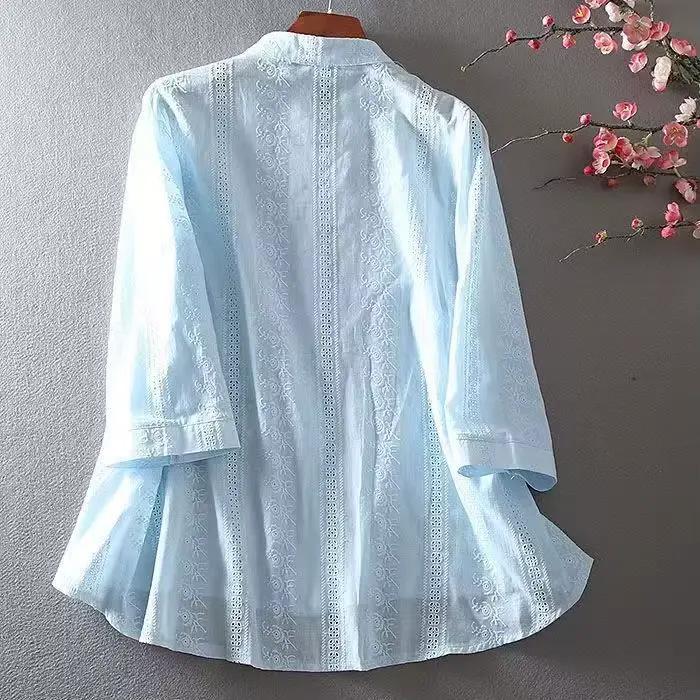 Chemise en dentelle rétro pour femme, haut brodé adt, simple boutonnage, manches 2025, chemisier à fleurs décontracté, printemps, été, 3/4