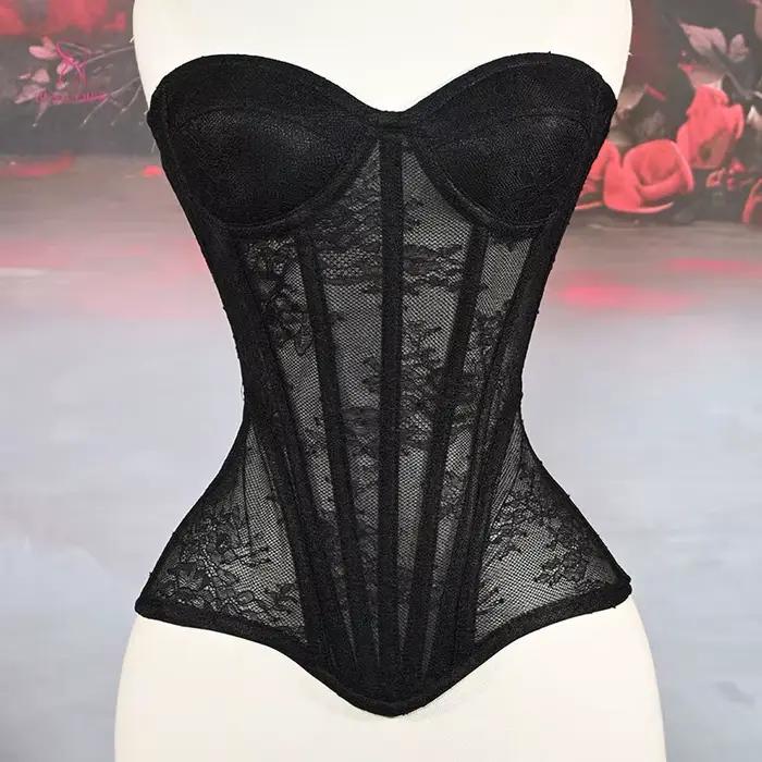 XXS corset femme luxe victorien élégant noir sexy en maille, bustier extrême moulant avec bonnets, baleines en acier, serre-taille sculptant les courbes.corse