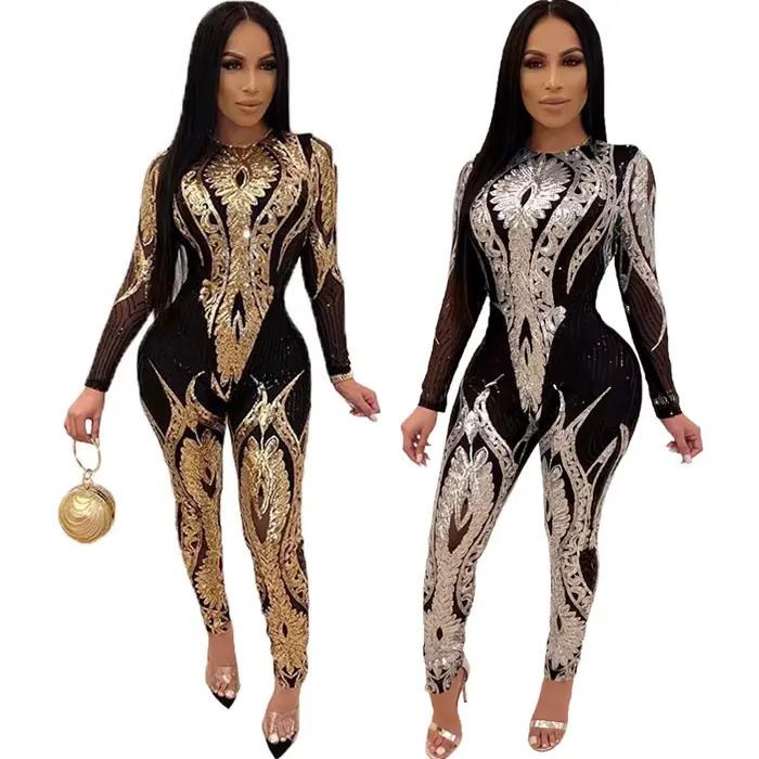 Lemon Gina 2020 femmes à manches longues rayure moulante paillettes combinaison femme Sexy mince arrivée décontracté combishorts Clubwear tenues