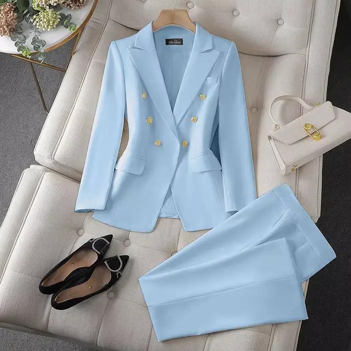 Dvojdielny kórejský módny set: Saká so sťahovacím golierom a úzke nohavice s dlhými rukávmi pre ženy – Elegantný kancelársky outfit