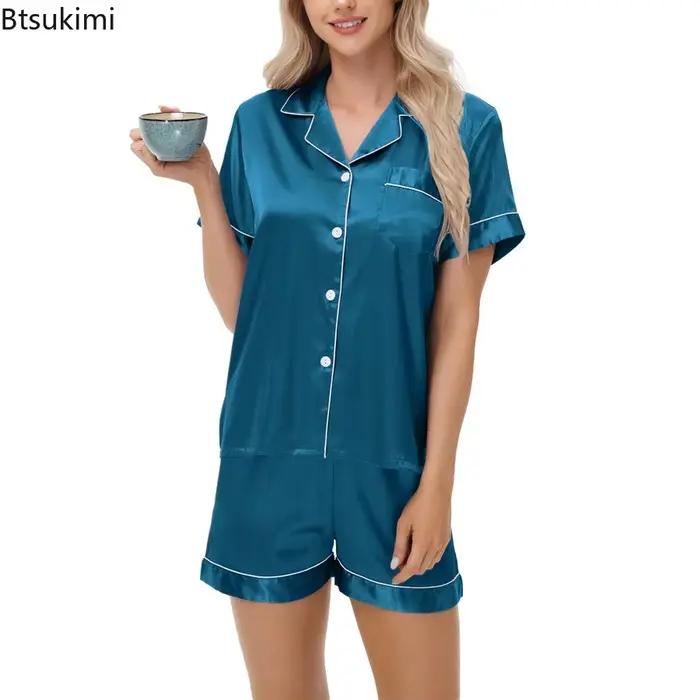 Ensemble de pyjamas pour femmes, vêtements de nuit en satin, hauts boutonnés et shorts, pyjama 2 pièces, pyjama femme, vêtements de nuit pour l'été