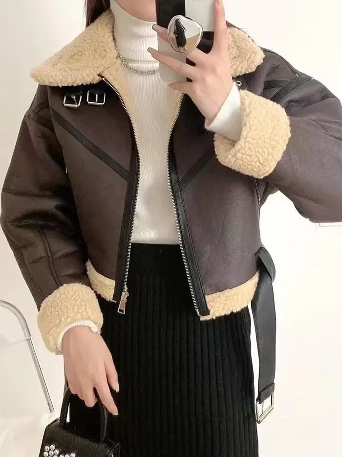 Ailegogo zimná dámska streetwear bunda z umelej jahňacej kožušiny s opaskom Moto Biker hrubý teplý kabát
