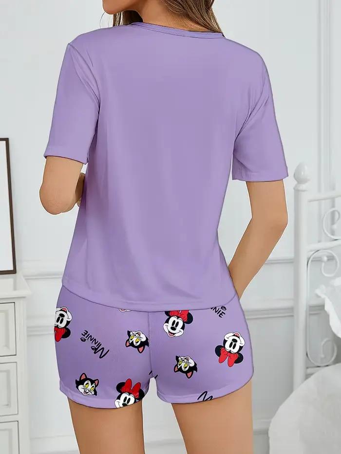 Pyjama 2 pièces pour femmes, haut à manches courtes et short à motif de dessin animé Disney Minnie, vêtements de maison
