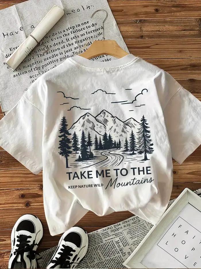 100% bavlnené tričko pre ženy s horskou krajinou a nápisom „Take Me To The Wild“ – ležérne