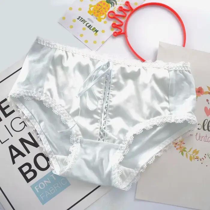 Style rétro taille moyenne Sexy à lacets femmes sous-vêtements nœud coton soie femme culotte solide pansement doux Lingerie Breifs